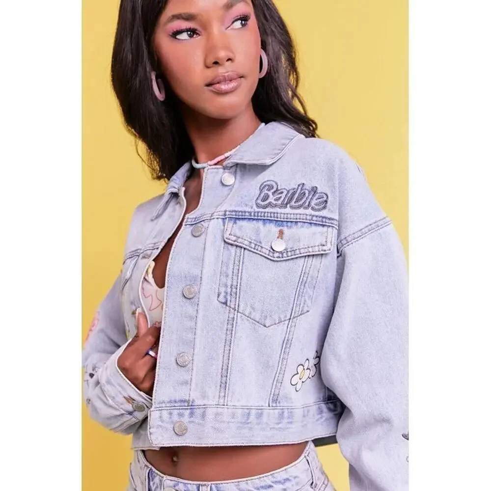 Forever 21 Barbie Kindness is a Power Cropped Denim Jean Jacket Women SZ L